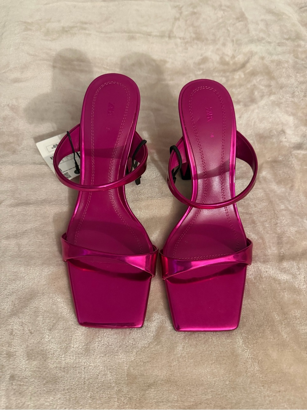 Zara Metallic Fuchsia Double Strap Square Toe Heels